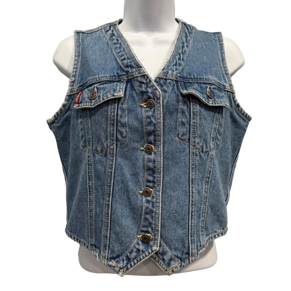 VTG Y2K Union Bay Denim Vest Patch Pockets Button Up Boho Hippie Western Women L